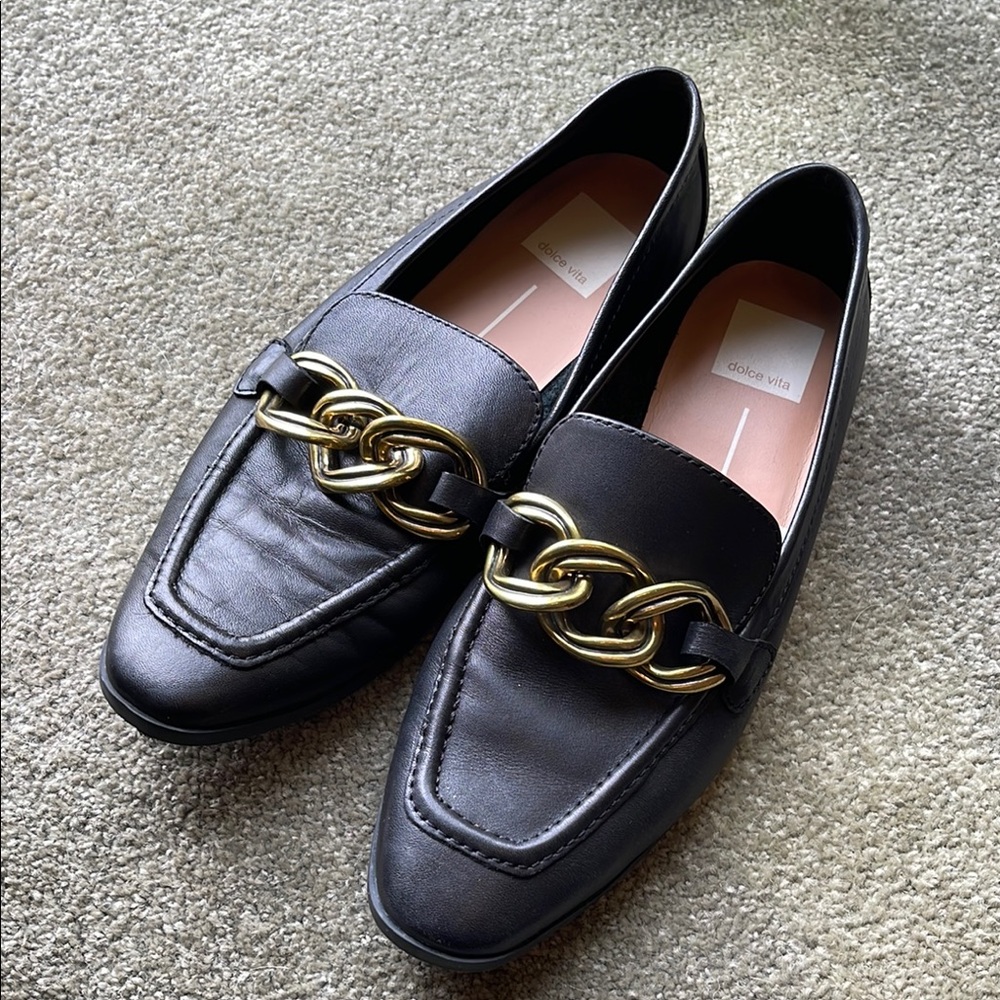 Size 8 - Dolce Vita Black Leather Loafers with Gold Chain